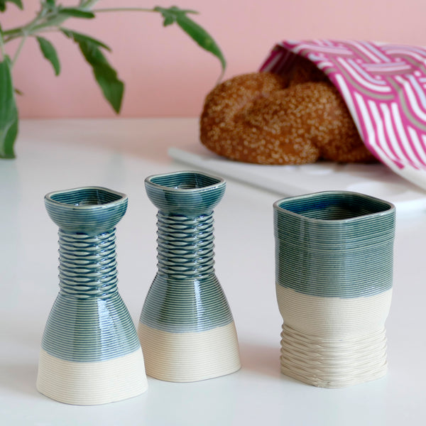 gift for modern jewish family - This elegant Shabbat Table set includes a wine goblet and a matching pair of candlesticks, rounded square shape, with weaving pattern - created in a unique method by a clay 3D Printer.