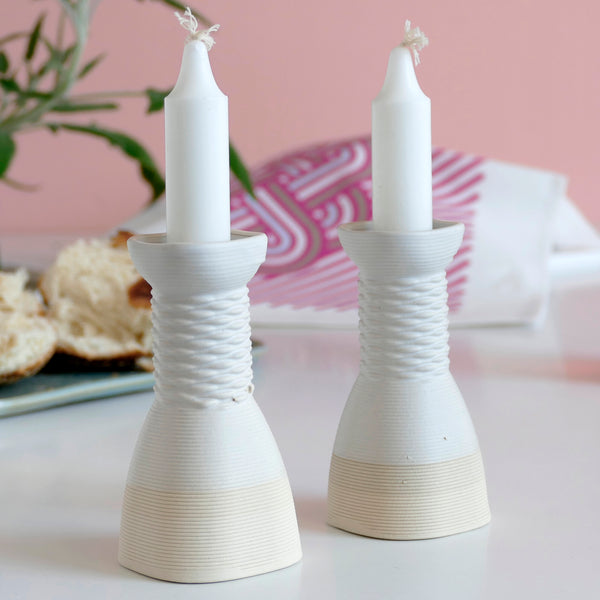 This elegant pair of candlesticks, rounded square shape, with weaving pattern - created in a unique method by a clay 3D Printer.