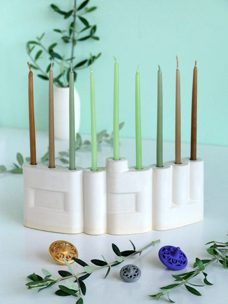 Double-Sided 'Shalom' שלום Menorah, Hand casted clay Glossy Off White Glaze, Minimalist Hanukkiah