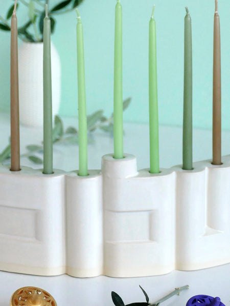 Double-Sided 'Shalom' שלום Menorah, Hand casted clay Glossy Off White Glaze, Minimalist Hanukkiah