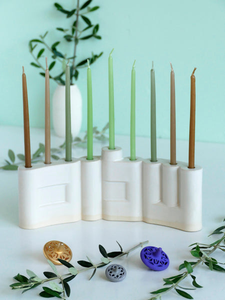 Double-Sided 'Shalom' שלום Menorah, Glossy Off White Glaze, Minimalist Hanukkiah