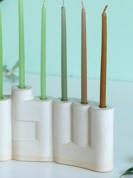 Double-Sided 'Shalom' שלום Menorah, Glossy Off White Glaze, Minimalist Hanukkiah