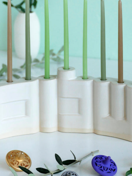 Double-Sided 'Shalom' שלום Menorah, Glossy Off White Glaze, Minimalist Hanukkiah