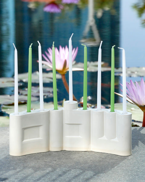Double-Sided 'Shalom' שלום Menorah, Glossy Off White Glaze, Minimalist Hanukkiah