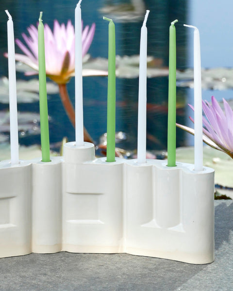 Double-Sided 'Shalom' שלום Menorah, Glossy Off White Glaze, Minimalist Hanukkiah