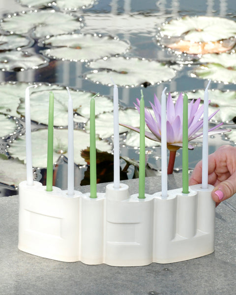 Double-Sided 'Shalom' שלום Menorah, Glossy Off White Glaze, Minimalist Hanukkiah