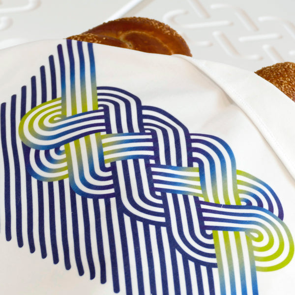 Cotton Velvet Challah Cover for Shabbat Table, Op-Art Challah Print, in Blue and Apple Green, Finest Digital Print Made in Israel {53X40 cm}