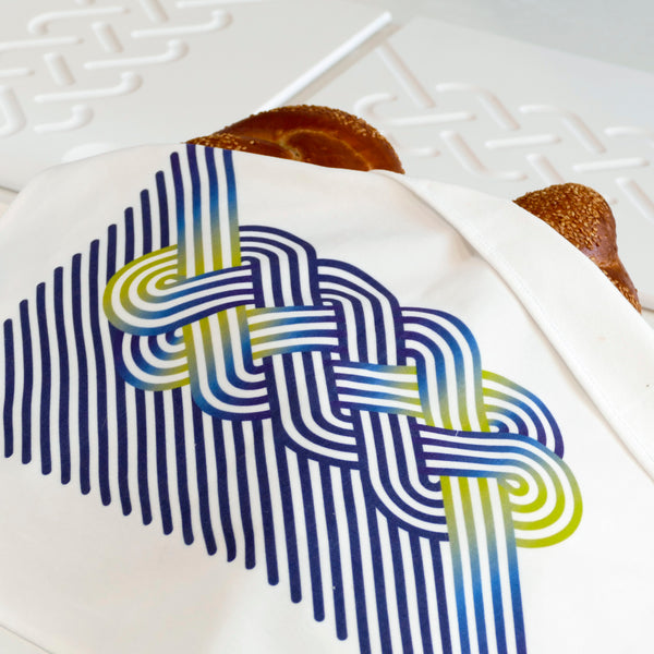 Cotton Velvet Challah Cover for Shabbat Table, Op-Art Challah Print, in Blue and Apple Green, Finest Digital Print Made in Israel {53X40 cm}