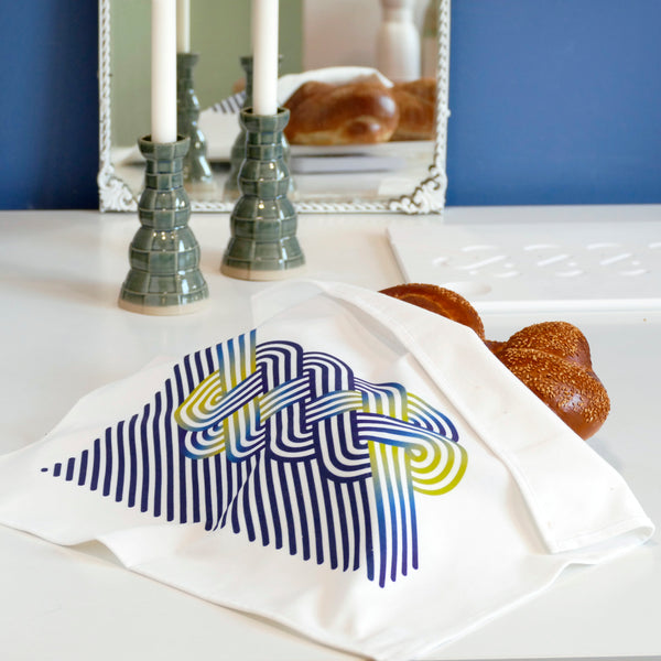 Cotton Velvet Challah Cover for Shabbat Table, Op-Art Challah Print, in Blue and Apple Green, Finest Digital Print Made in Israel {53X40 cm}