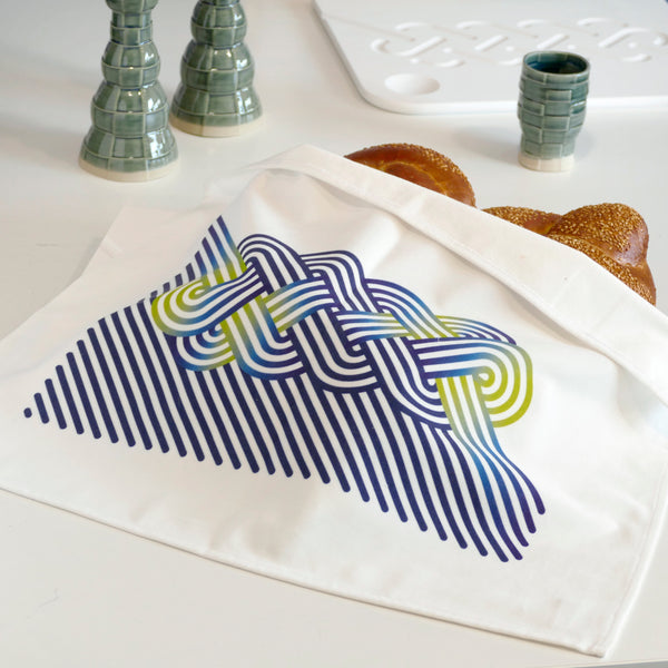 New colorful collection Op-Art Challah design, state of the art digital print in full colors - on off white fine velvet.  
This design has a beautiful gradient of Blue and Apple Green - and the look is so elegant and fancy. 
