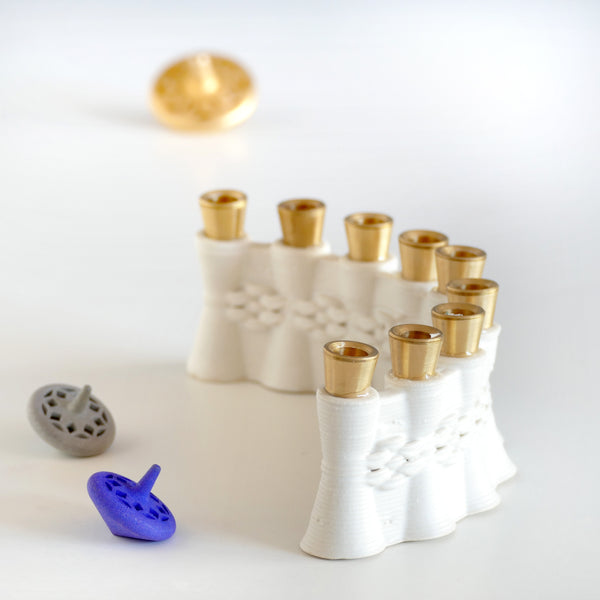 3D printed Clay white Glaze glaze.  Brass canes carved in a local workshop exclusively for Armadillo Judaica.