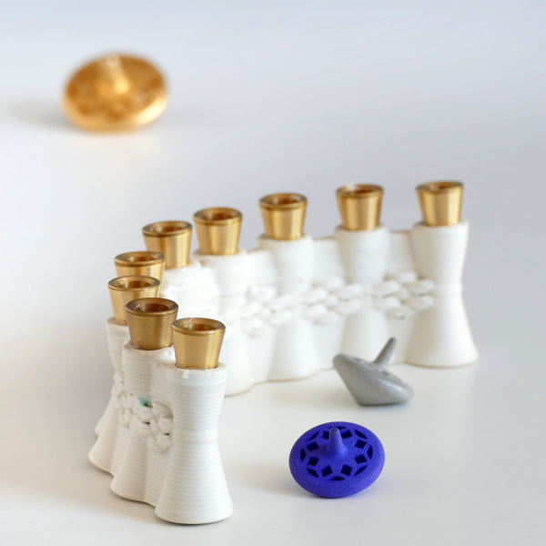 modern Hanukkah Menorah - 3D printed clay with brass