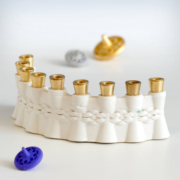 Hanukkah Menorah for Early Adopters - 3D Printed Clay - Weaving Pattern in White Glaze