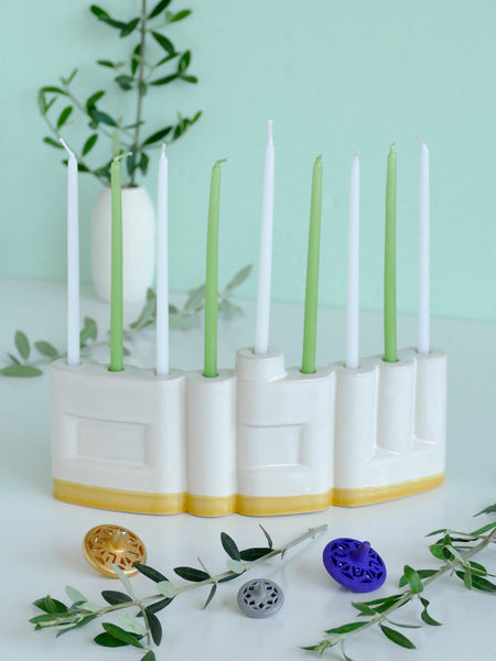 Double-Sided 'Shalom' שלום Menorah, Glossy Off White Glaze, Yellow Accent