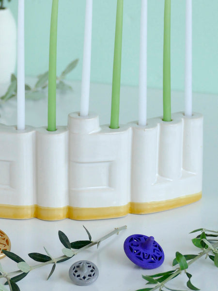 Double-Sided 'Shalom' שלום Menorah, Glossy Off White Glaze, Yellow Accent