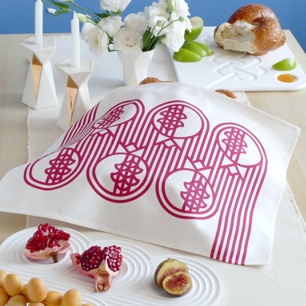 Challah Cover for Rosh Hashanah Table, Op-Art Pomegranate Print, in Deep Red, Finest Digital Print. 