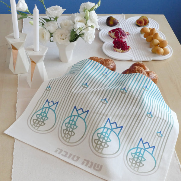 Modern judaica Rosh Hashsanah table - geometric pomegranate Challah cover