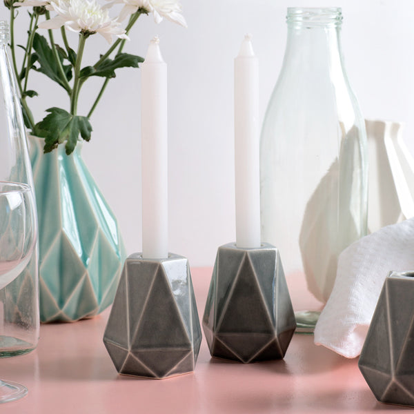hexagon candle holders handmade of ceramic with grey glaze
