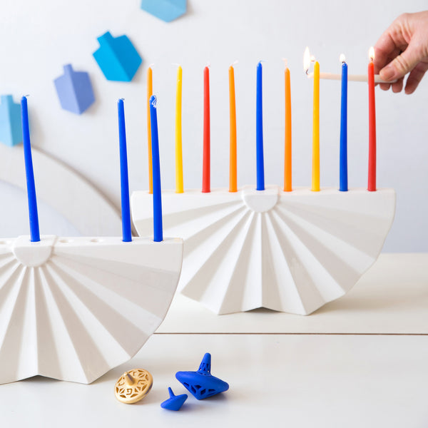 Chanukkah Menorah geometric design made of white ceramic