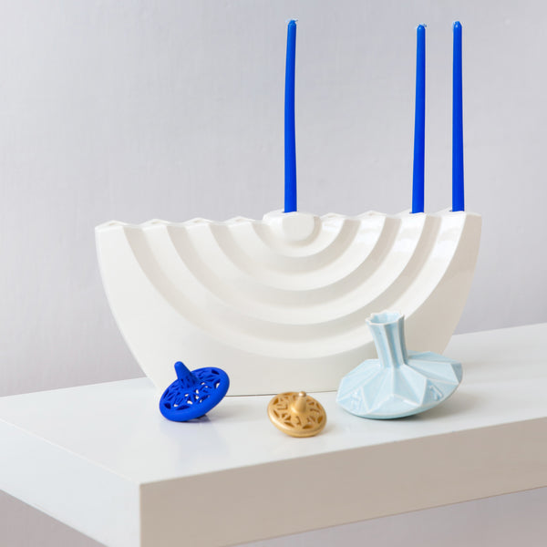 Chanukkah Menorah geometric design made of white ceramic