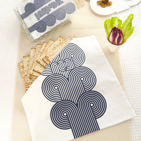Modern Seder night table design - matzaoh cover and afikomen bag - op art screem print darl blue on white cotton