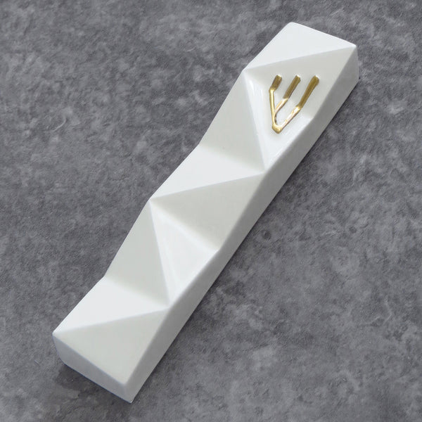 Mezuzah Case - Off White with Gold Shin - Medium Size - for 4'' Scroll