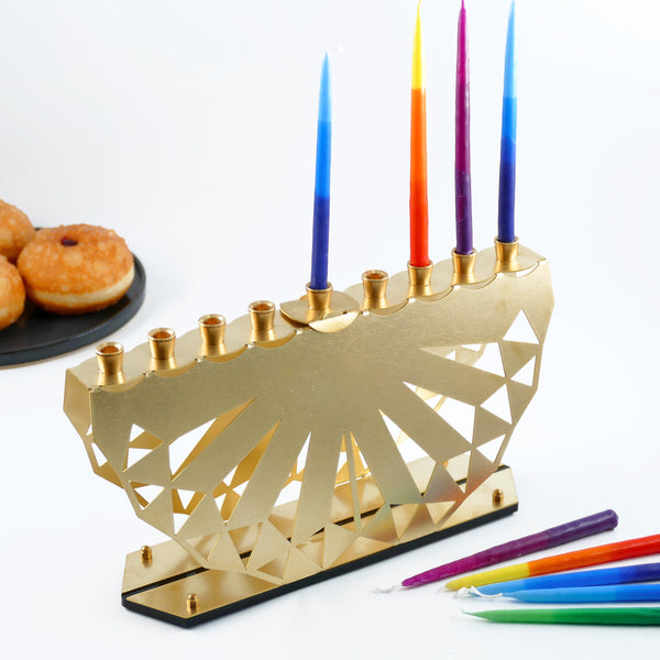 modern Hanukkah Menorah, made of brass, inspired by paper art