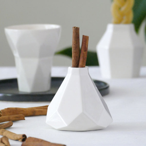 Ceramic Havdalah Set - White Ceramic Cup, Candleholder, Besamim Spices Holder and Black Plate