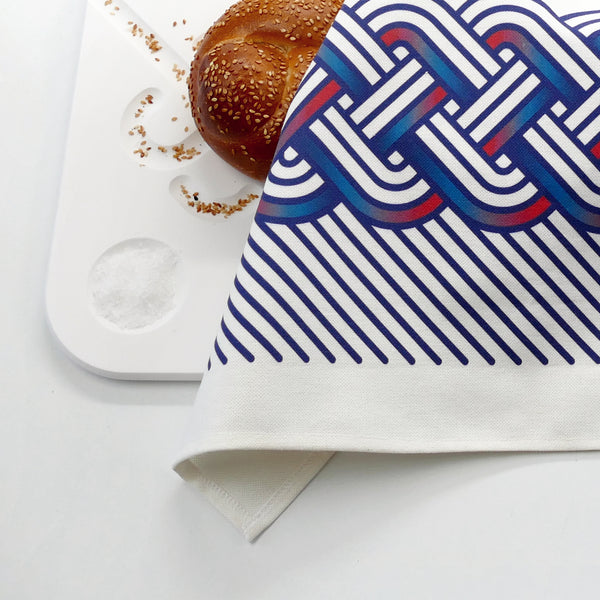 Cotton Challah Cover for Shabbat Table, Op-Art Challah Print, in Navy Blue and Crimson Red, Finest Digital Print. Made in Israel
