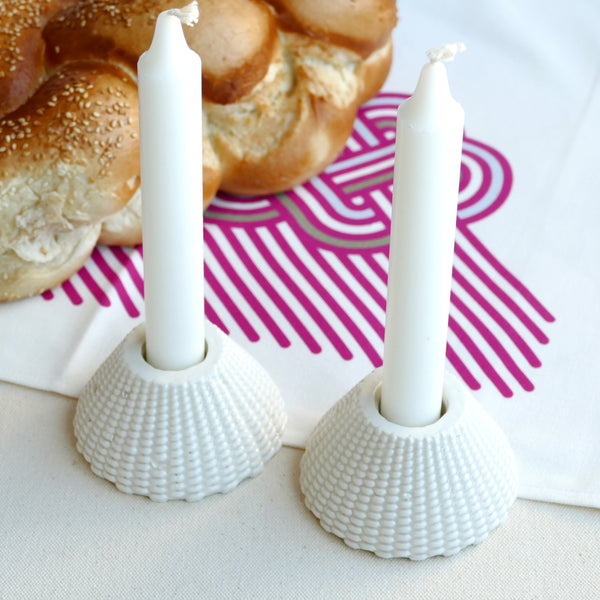 off white candle holders with gentle pearls pattern - created in a unique method by a clay 3D Printer.