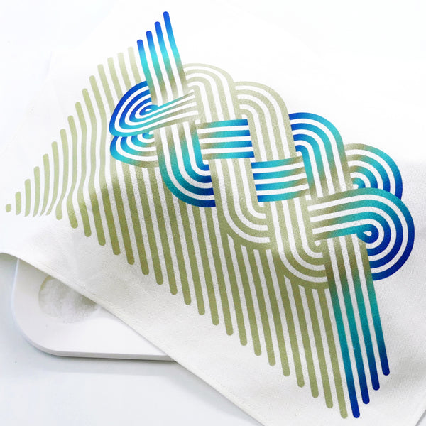 Modern Challah Cover in Blue and Olive design on white cotton