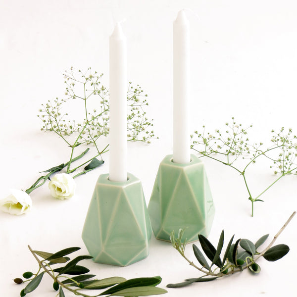 modern ceramic shabbat candlesticks aqua glaze