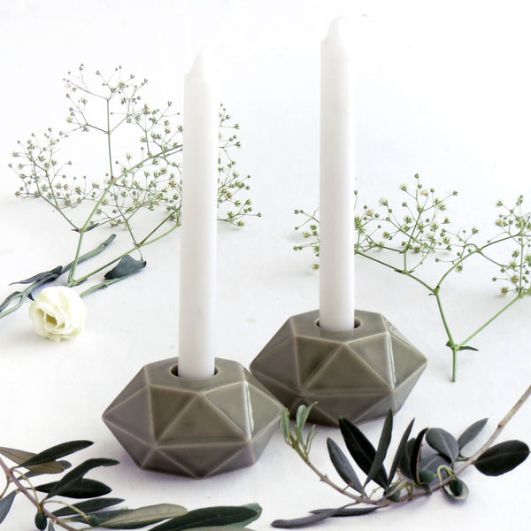 Pair of Shabbat candlesticks - Grey ceramic, hexagon shape, Modern Bat Mitzvah gift