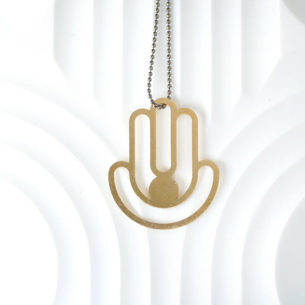 Geometric Hamsa Pendant Made of Golden Brass- Hamsa with a Dot