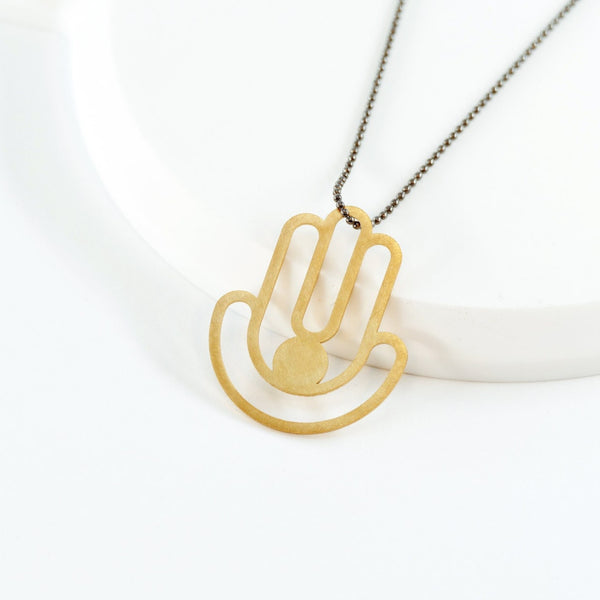 Geometric Hamsa Pendant Made of Golden Brass- Hamsa with a Dot