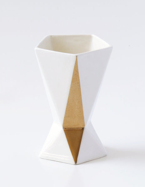geometric Kiddush cup - white ceramic with gold decal