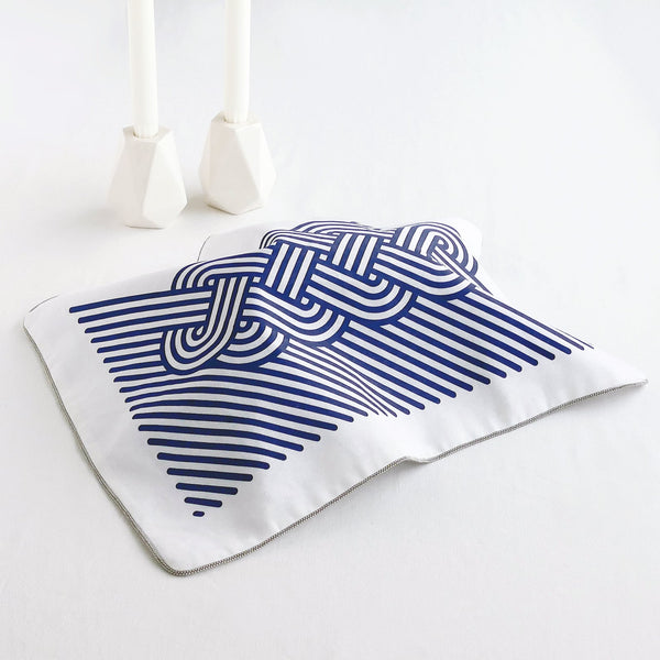 challah cover with original modern print in white and blue