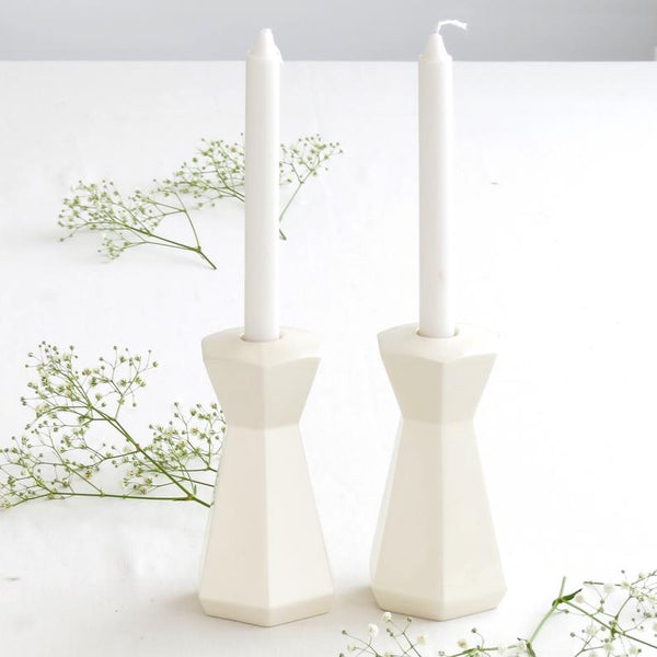 Imperfection Sale - 40% Off - Pair of Shabbat Candle Holders, White Ceramic, Minimalist Hexagon Candleholders