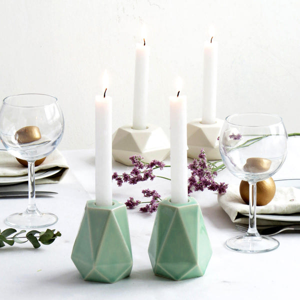 Pair of Light green Shabbat candlesticks - ceramic, geometric style, pentagon shape, in shade of psatel colors