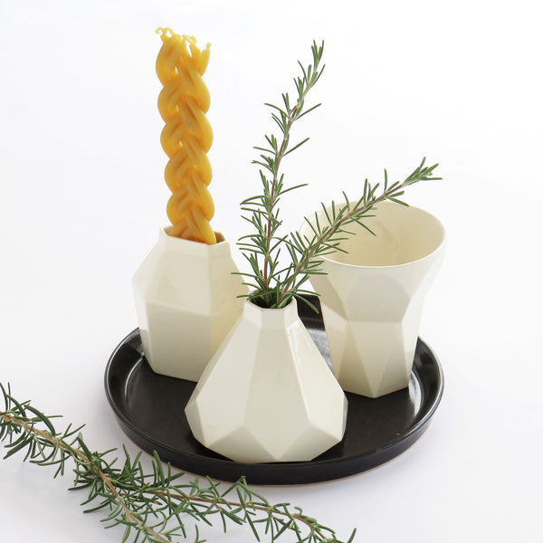 Ceramic Havdalah Set - White Ceramic Cup, Candleholder, Besamim Spices Holder and Black Plate