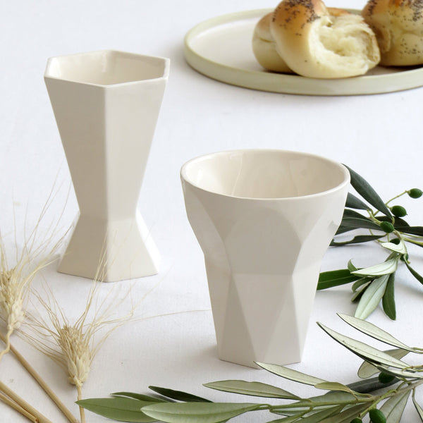 modern kiddush cup - off white ceramic handmade in israel