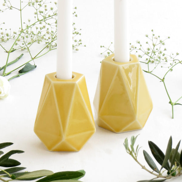 modern shabbat candlesticks - yellow ceramic