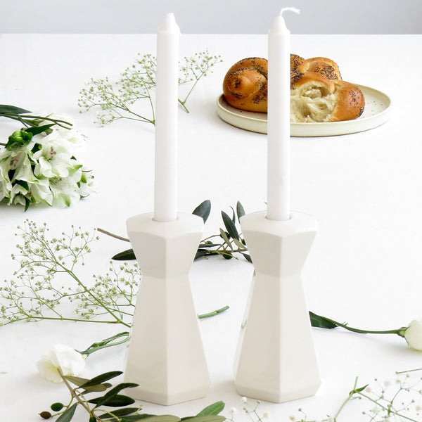 Imperfection Sale - 50% Off - Pair of Shabbat Candle Holders, White Ceramic, Minimalist Hexagon Candleholders
