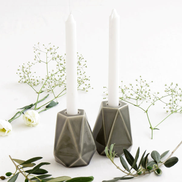 Pair of Grey Shabbat candlesticks - ceramic, geometric style, pentagon shape, in shade of psatel colors