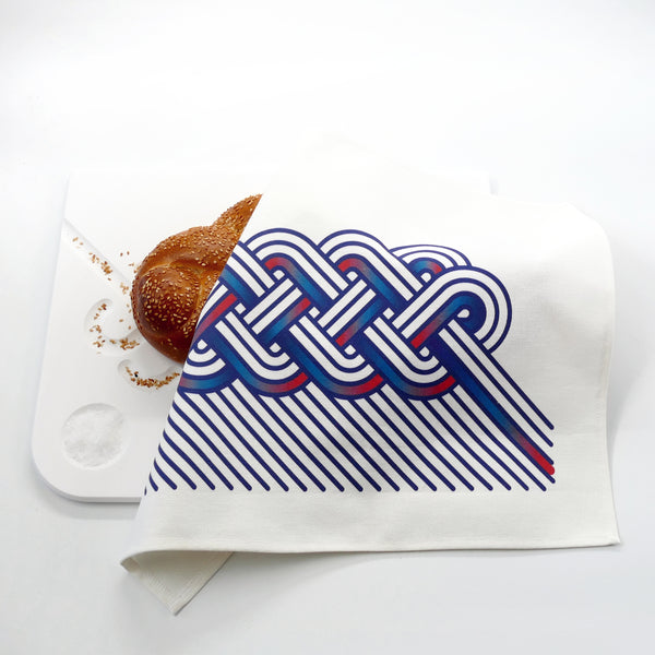 Cotton Challah Cover for Shabbat Table, Op-Art Challah Print, in Navy Blue and Crimson Red, Finest Digital Print. Made in Israel
