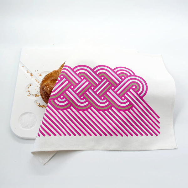 Challah cover for Shabbat table - minimalist geometric design pink on white cotton