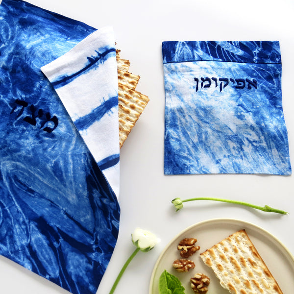 modern Passover table - hand dyed shibori Matzah cover