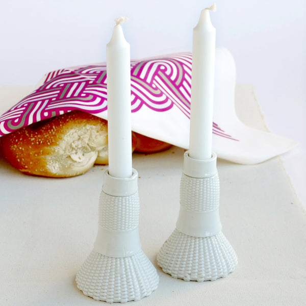 modern set of candlesticks and Challah cover - total look of modern Jewish holiday table. 3D Printed Clay Shabbat table set. Early Bird Sale 45% off