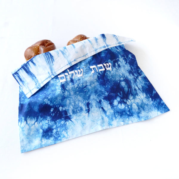 Challah cover for Shabbat table is hand dyed in deep blue over the natural shade of fine cotton. 