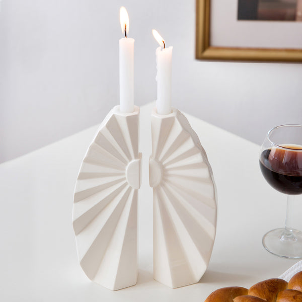 White Shabbat candlesticks handmade of ceramic inspired by origami